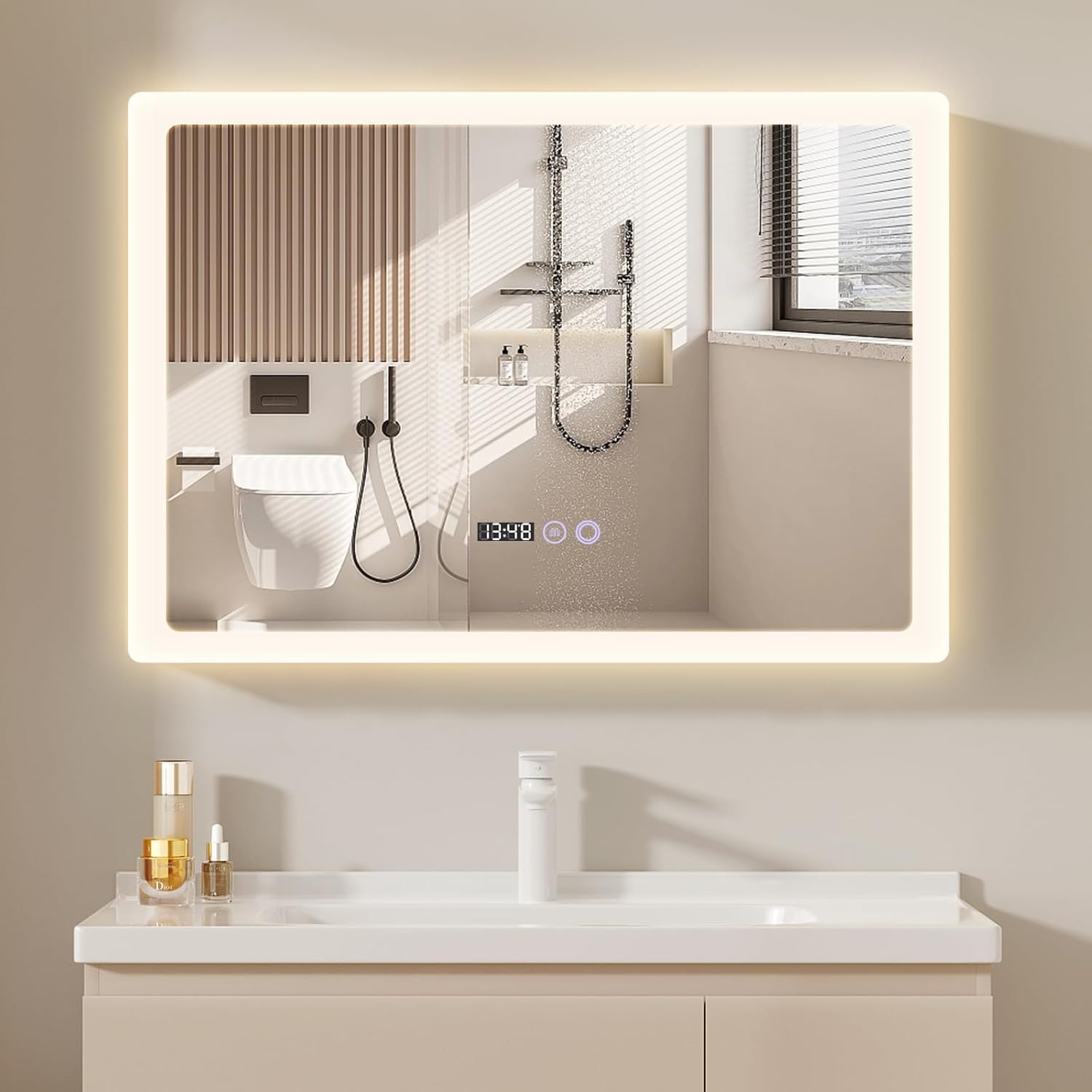 YU YUSING Bathroom Mirror LED 80 x 60 cm Bathroom Mirror with Lighting Wall Mirror with Touch Switch Mirror Bathroom Anti-Fog Timer Function Cool White IP44 - Carlat