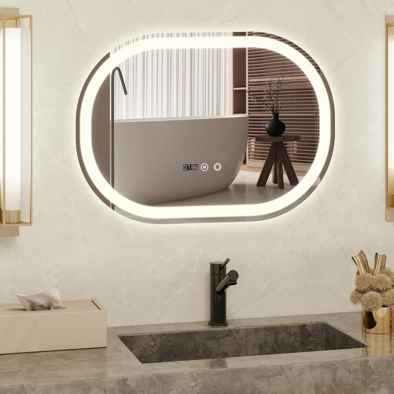 YU YUSING Bathroom Mirror LED 80 x 60 cm Bathroom Mirror with Lighting Wall Mirror with Touch Switch Mirror Bathroom Anti-Fog Timer Function Cool White IP44 - Carlat