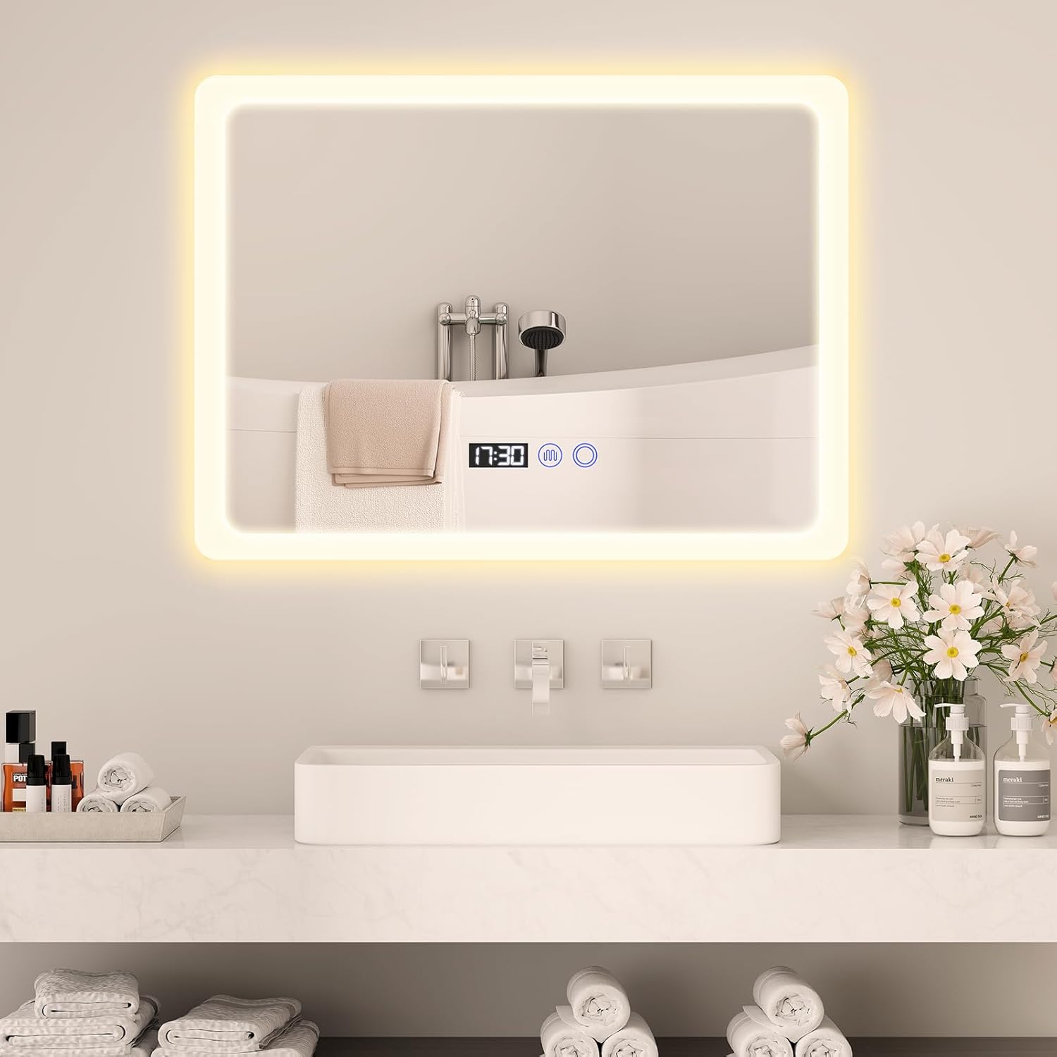 YU YUSING Bathroom Mirror LED 80 x 60 cm Bathroom Mirror with Lighting Wall Mirror with Touch Switch Mirror Bathroom Anti-Fog Timer Function Cool White IP44 - Carlat