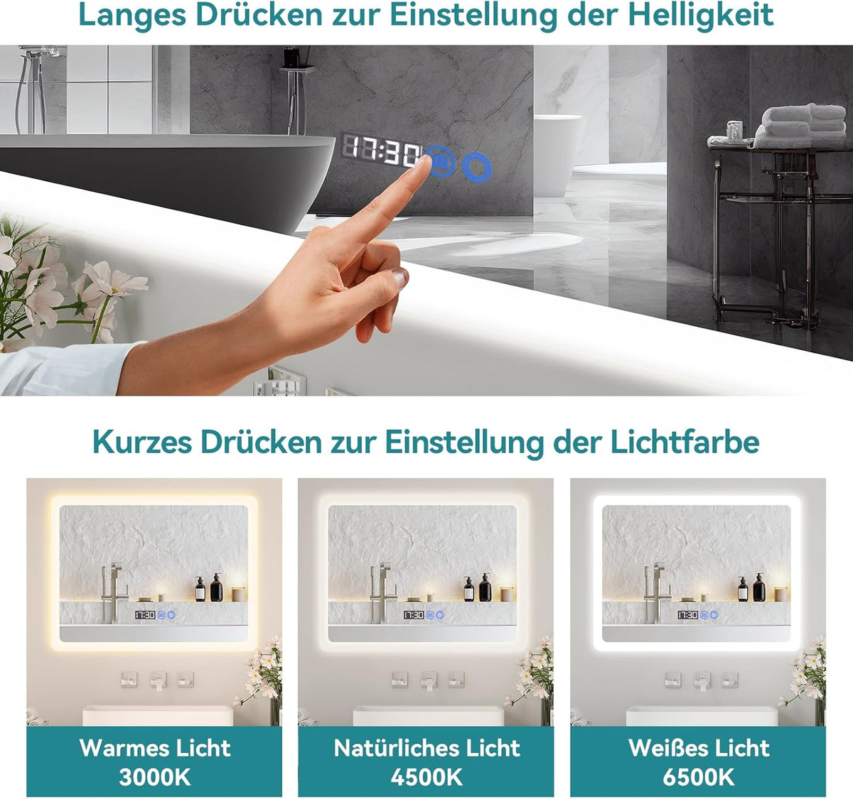 YU YUSING Bathroom Mirror LED 80 x 60 cm Bathroom Mirror with Lighting Wall Mirror with Touch Switch Mirror Bathroom Anti-Fog Timer Function Cool White IP44 - Carlat