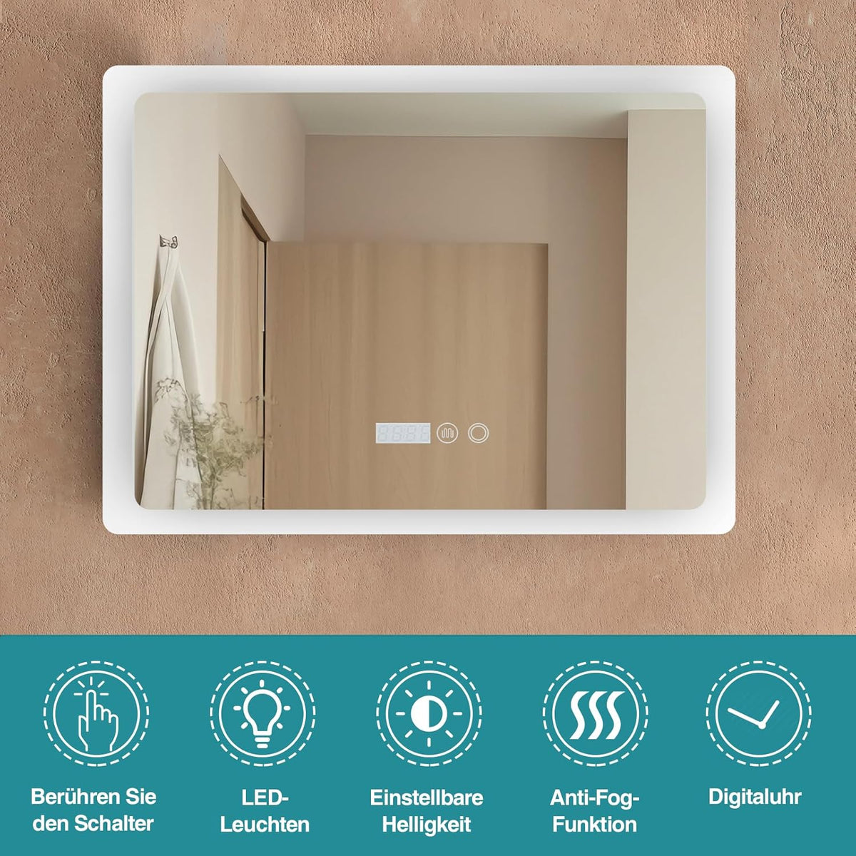 YU YUSING Bathroom Mirror LED 80 x 60 cm Bathroom Mirror with Lighting Wall Mirror with Touch Switch Mirror Bathroom Anti-Fog Timer Function Cool White IP44 - Carlat