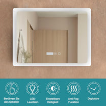 YU YUSING Bathroom Mirror LED 80 x 60 cm Bathroom Mirror with Lighting Wall Mirror with Touch Switch Mirror Bathroom Anti-Fog Timer Function Cool White IP44 - Carlat