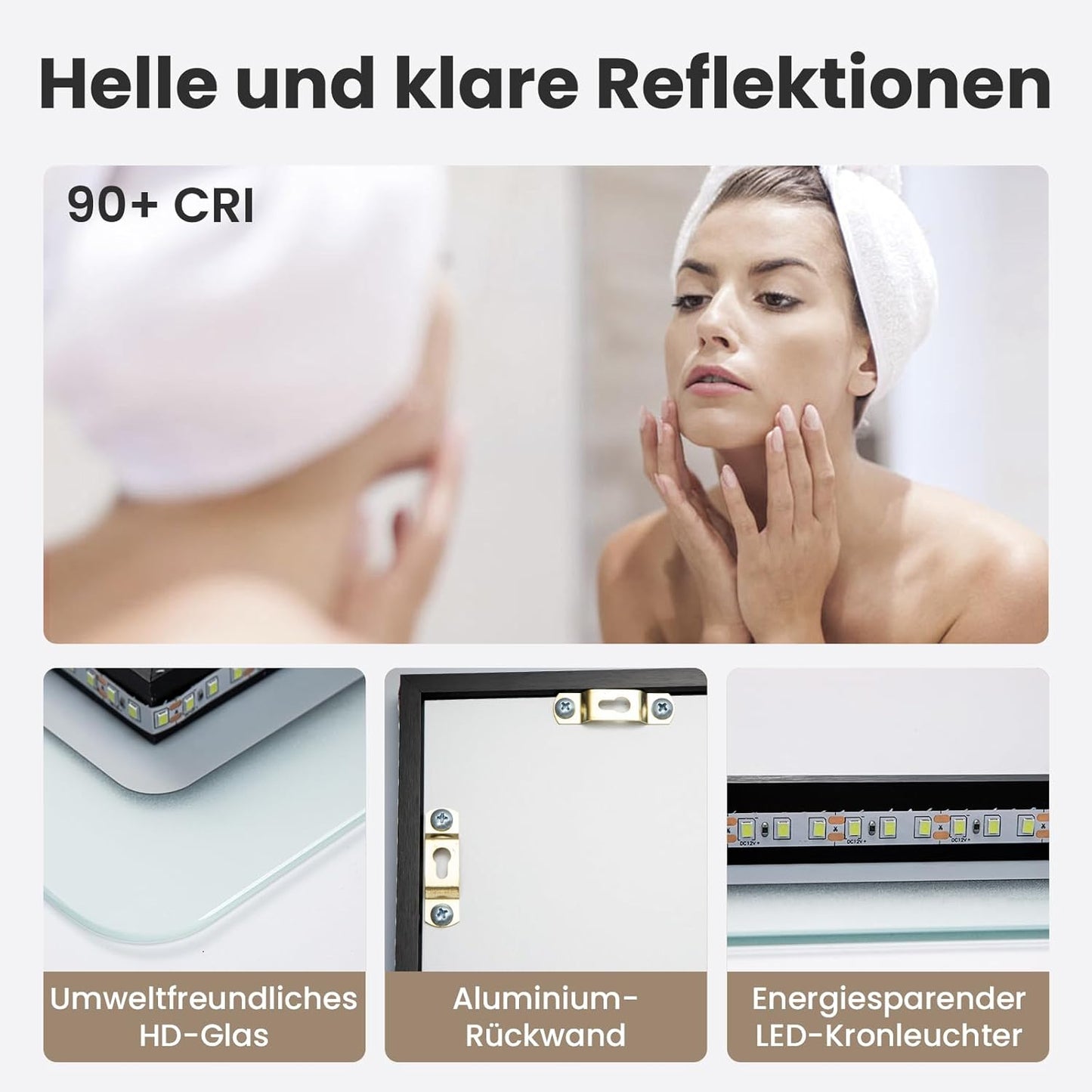 Youyijia LED bathroom Mirror with Lighting, 70 x 50 cm, Wall Mirror, Bathroom Mirror, Cool White, 6000 K, Energy-Saving Light Mirror - Carlat
