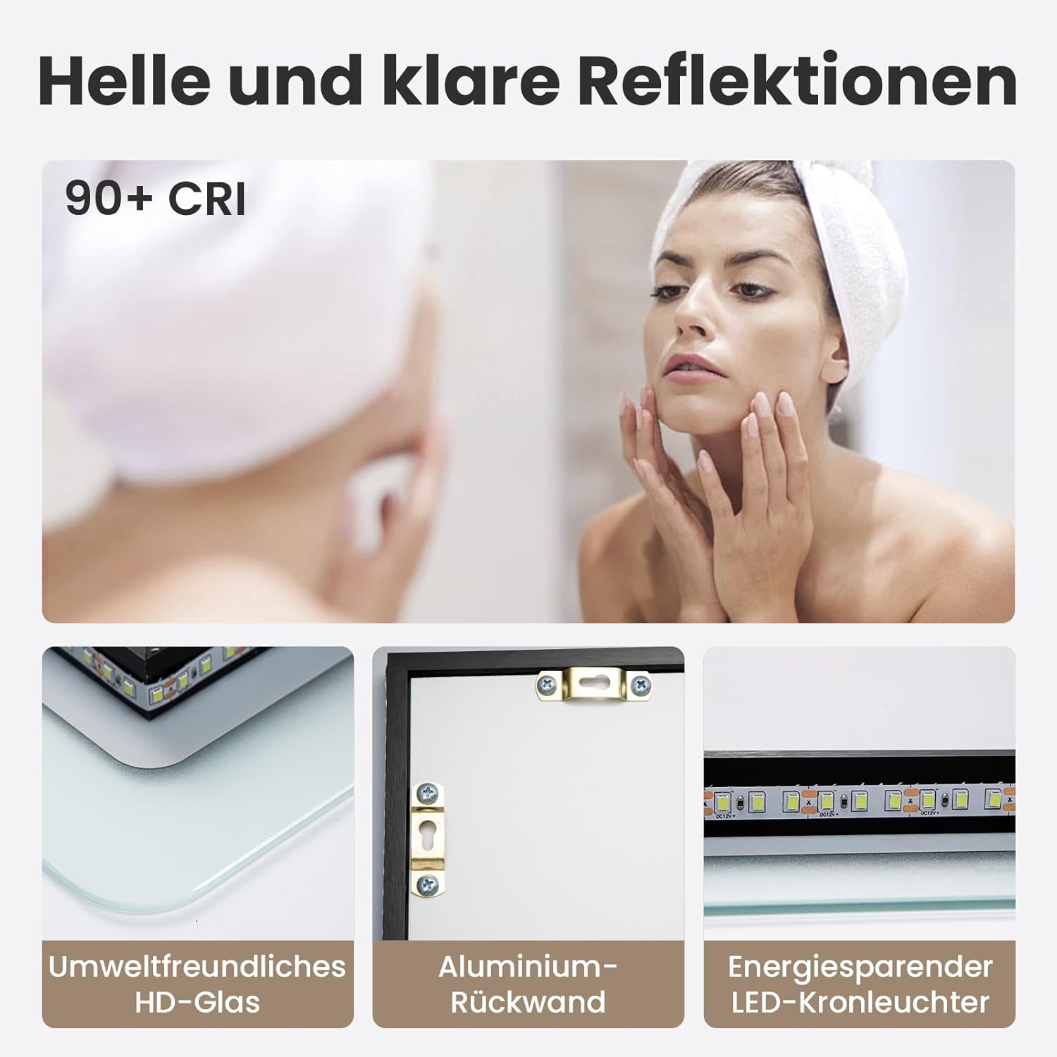 Youyijia LED bathroom Mirror with Lighting, 70 x 50 cm, Wall Mirror, Bathroom Mirror, Cool White, 6000 K, Energy-Saving Light Mirror - Carlat