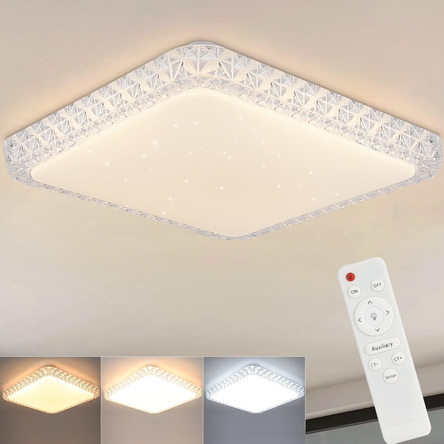 ZMH Ceiling Light LED Ceiling Light Bedroom Lamp Dimmable with Remote Control 30 cm Ceiling Lighting Crystal 32 W Kitchen Lamp Modern Hallway Lamp Square for Living Room Kitchen Hallway - Carlat