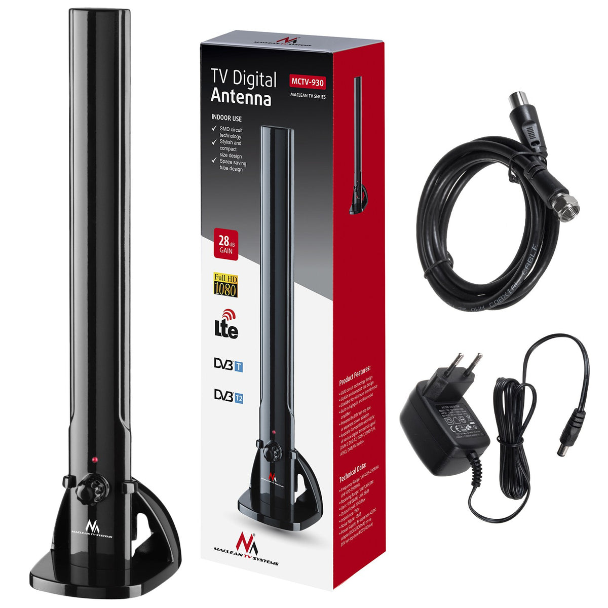 Maclean Maclean DVB-T/T2 HEVC TV Antenna, Indoor, LTE Tube Antenna, 5G Filter, Max Output Level 100 dBV, MCTV-930