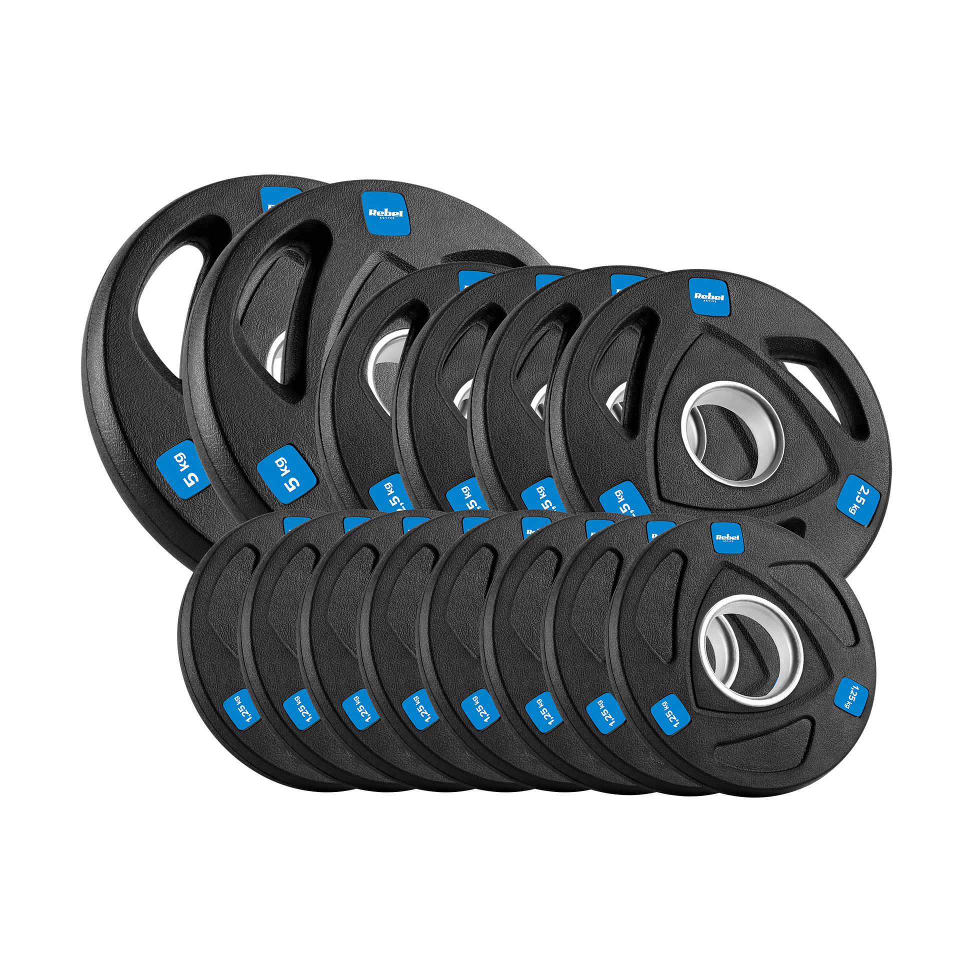 Rebel Rubber-coated cast iron Olympic weights, 30 kg set (8 x 1.25 kg + 4 x 2.5 kg + 2 x 5 kg), 51 mm hole, REBEL ACTIVE