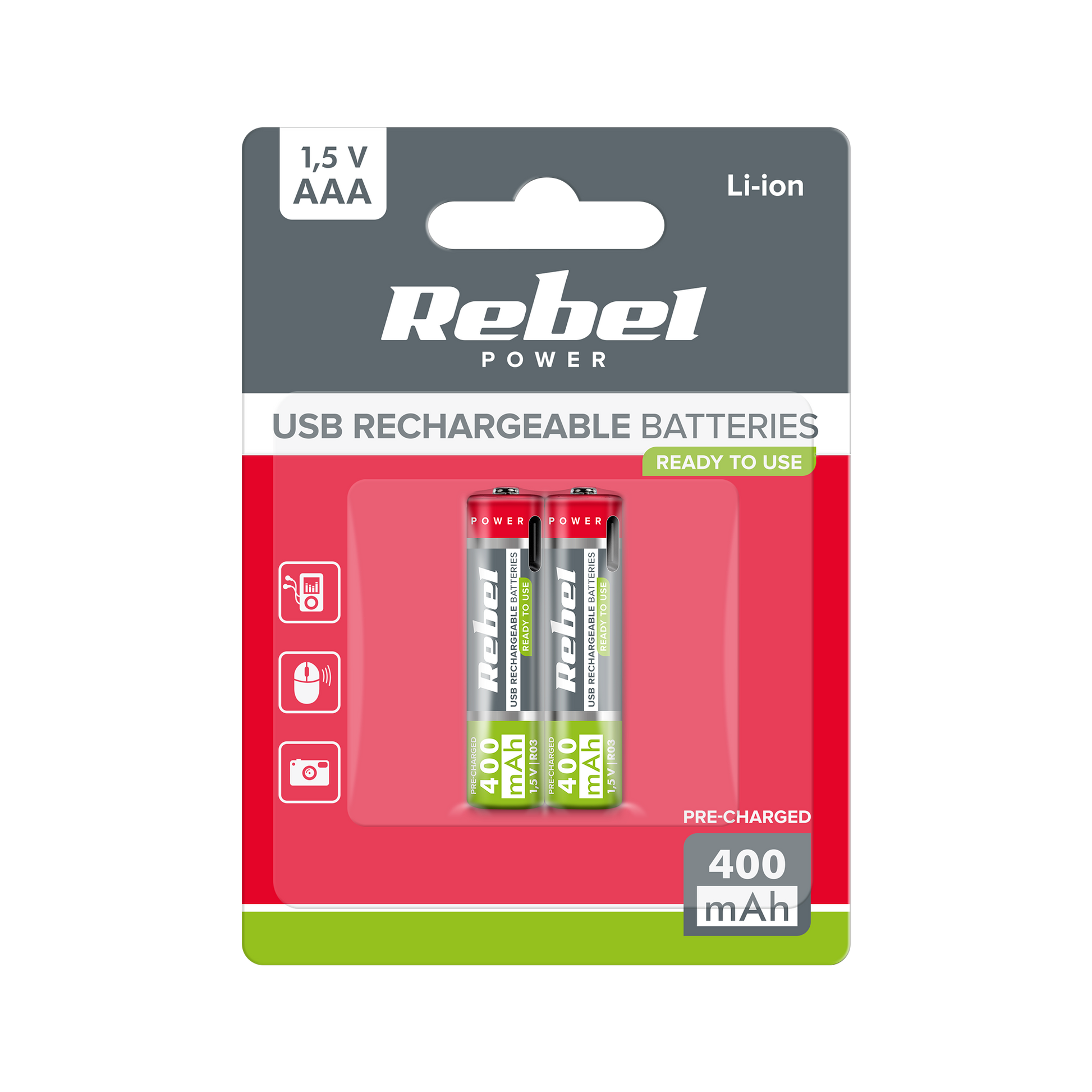 Rebel REBEL AAA Rechargeable Batteries, 400 mAh, Li-ion, 1.5V, 2 per pack, R3, Type-C connector