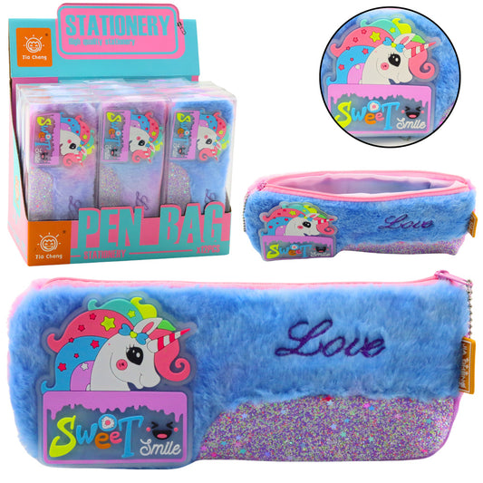 LEAN Plush Pencil Case with a Unicorn, Shiny Details, Blue Unicorn