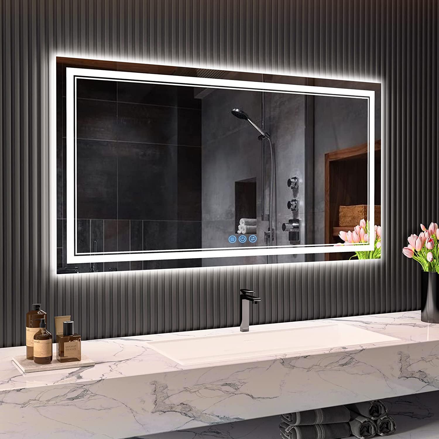 baklon Bathroom Mirror with Lighting, 120 x 70 cm, Bathroom Wall Mirror and Touch Switch, IP65 LED Mirror Bathroom with Memory Function, 3 Colour Temperatures, Horizontal/Vertical, HD Tempered Glass - Carlat