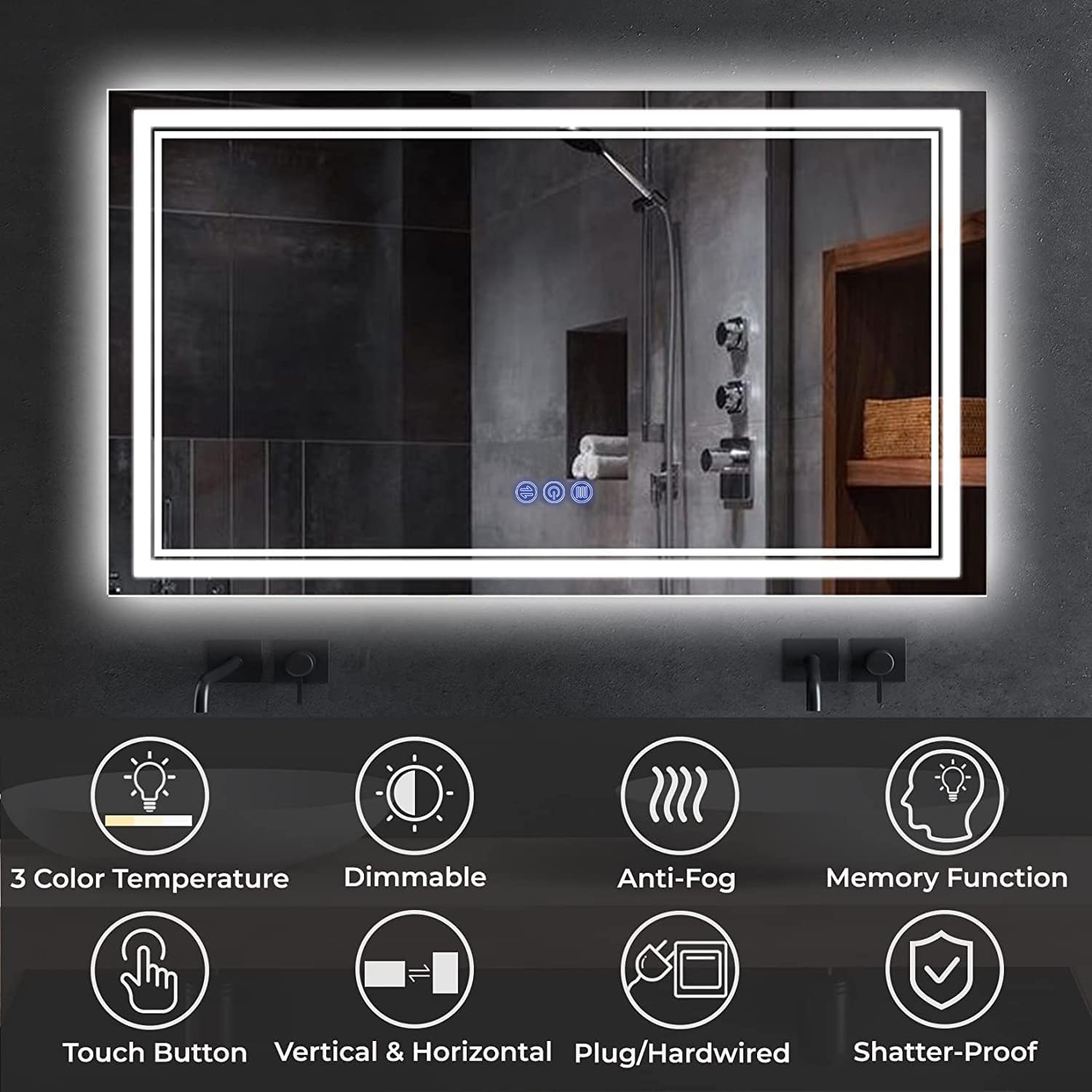 baklon Bathroom Mirror with Lighting, 120 x 70 cm, Bathroom Wall Mirror and Touch Switch, IP65 LED Mirror Bathroom with Memory Function, 3 Colour Temperatures, Horizontal/Vertical, HD Tempered Glass - Carlat