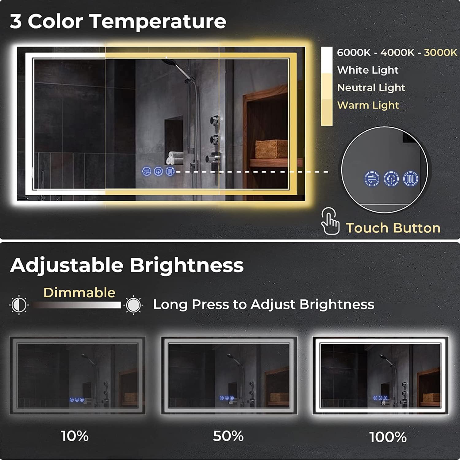 baklon Bathroom Mirror with Lighting, 120 x 70 cm, Bathroom Wall Mirror and Touch Switch, IP65 LED Mirror Bathroom with Memory Function, 3 Colour Temperatures, Horizontal/Vertical, HD Tempered Glass - Carlat