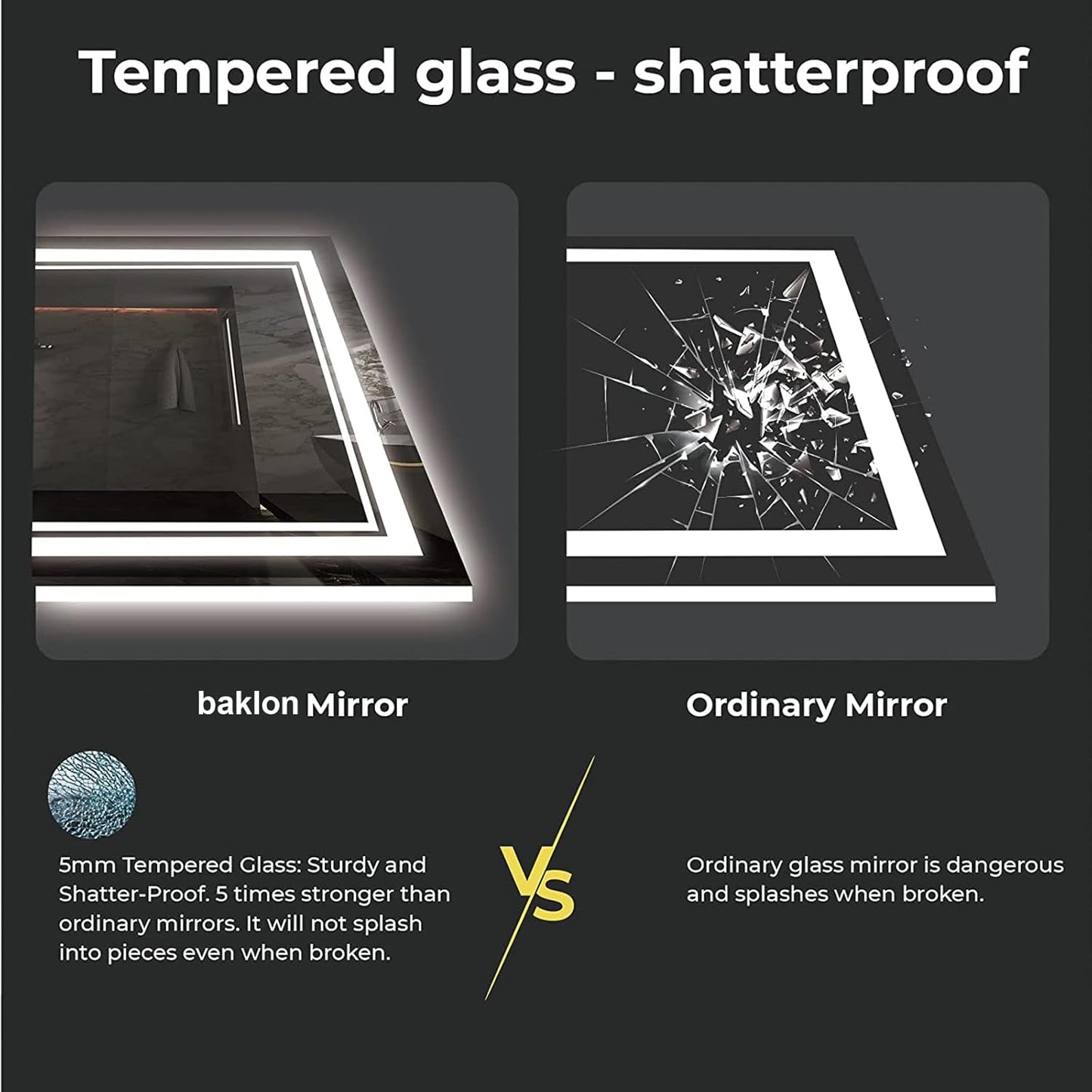 baklon Bathroom Mirror with Lighting, 120 x 70 cm, Bathroom Wall Mirror and Touch Switch, IP65 LED Mirror Bathroom with Memory Function, 3 Colour Temperatures, Horizontal/Vertical, HD Tempered Glass - Carlat