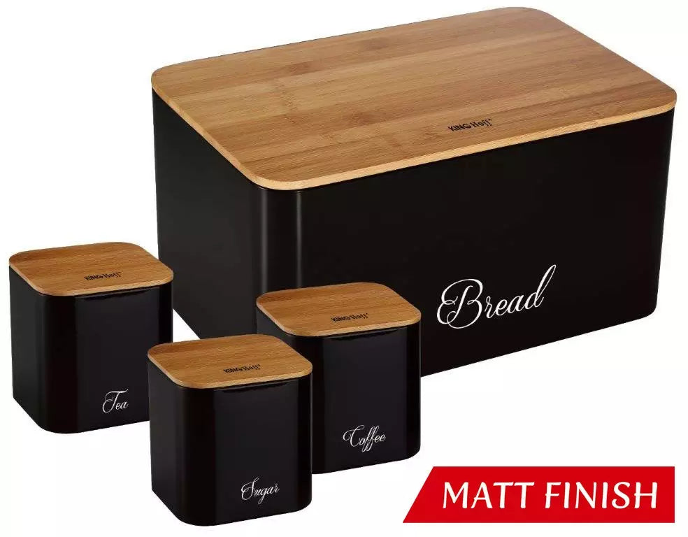 KINGHoff Bread Bags – Steel-bamboo bread box with containers, black, Kinghoff