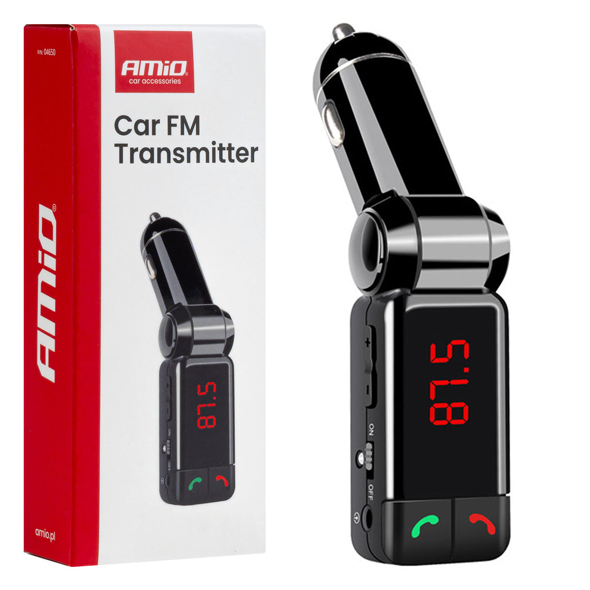 AMiO Transmitters – Foldable Car FM Transmitter, 2×USB-A, 12V/24V, AMIO-04650