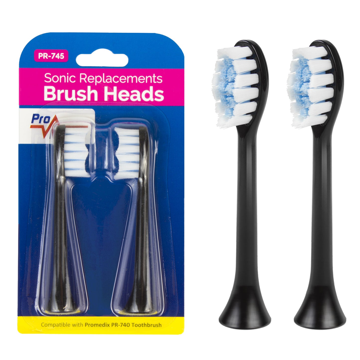 ProMedix Set of replacement brush heads for the Promedix PR-740 B, 2 pieces, black. PR-745 B