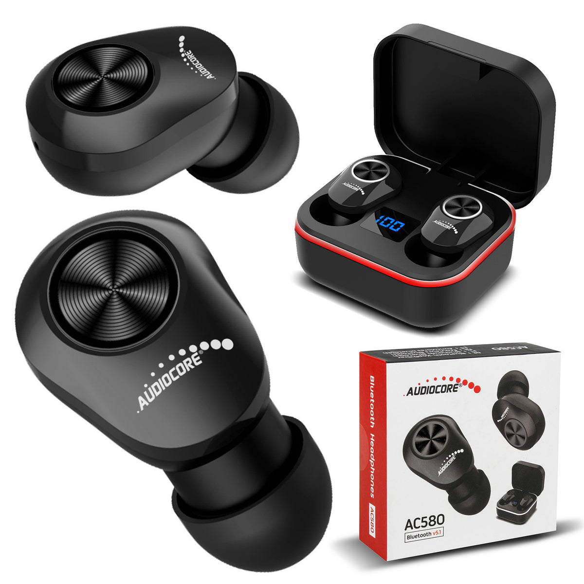 Audiocore Audiocore TWS BT 5.1 Earbuds with a 300mAh charging case and 30mAh earbuds, black AC580