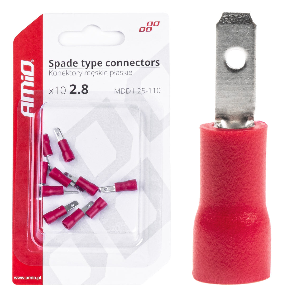 AMiO Insulated 2.8 mm Flat Male Connectors, 0.5–1.5 mm², 10 A, 10 pcs. amio-03064