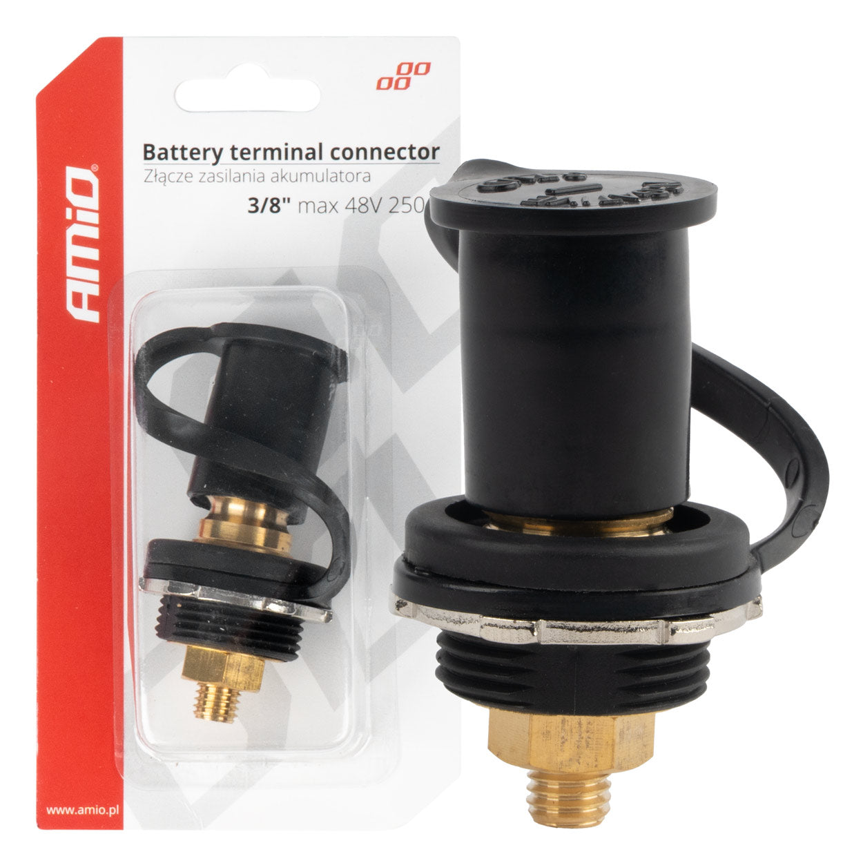 AMiO Black negative battery power connector with cap, 3/8 m10, 12V, 24V, 48V, 250A, AMIO-03813