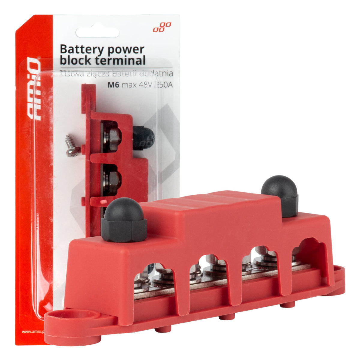 AMiO Ground Distribution Block with Positive Bus Bar, M10, 12V–48V, 250A, AMIO-03812