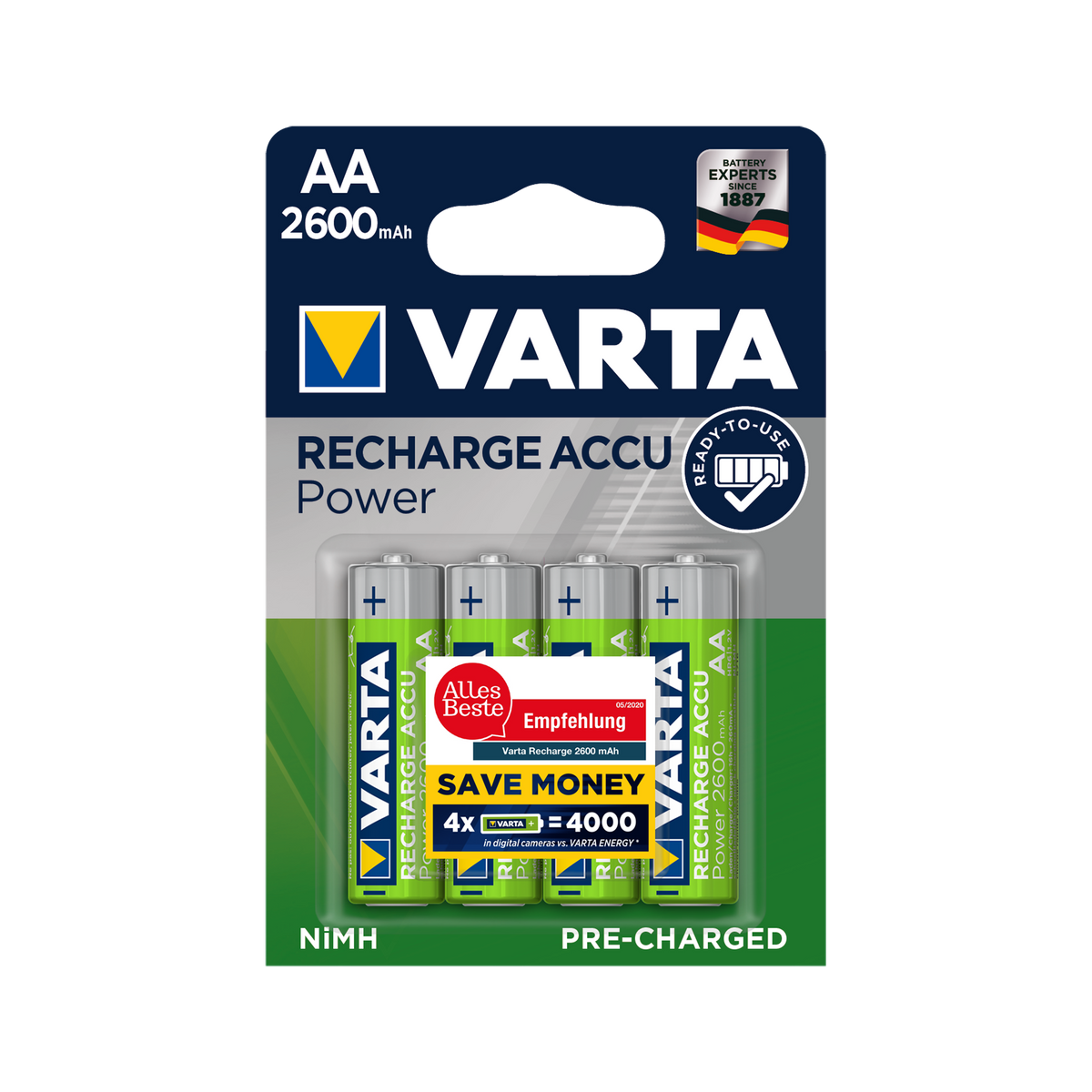 Varta Rechargeable batteries: 9V – VARTA AA 2600mAh Batteries, 4 per pack