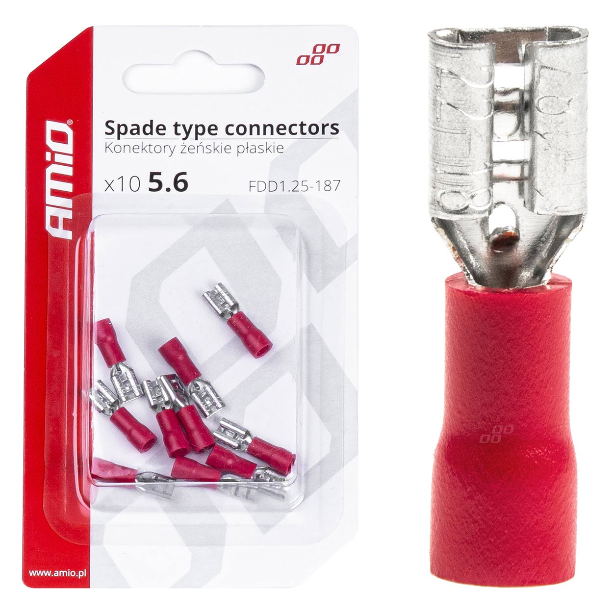 AMiO Insulated 5.6 mm female flat connectors, 0.5–1.5 mm², 10 A, 10 pcs. amio-03061