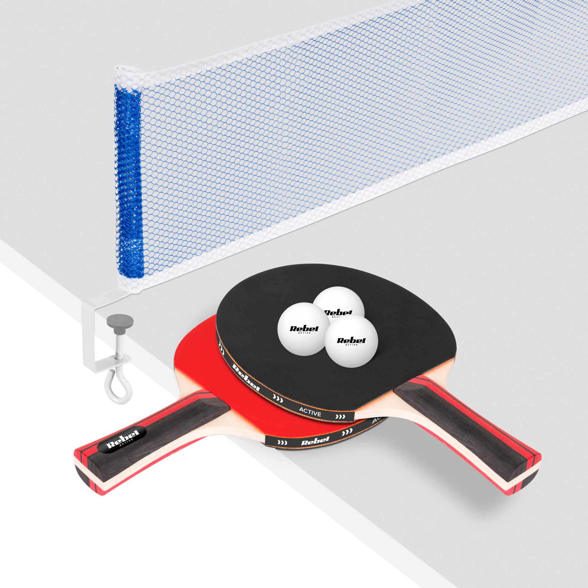 Rebel A set of table tennis rackets with a REBEL ACTIVE net