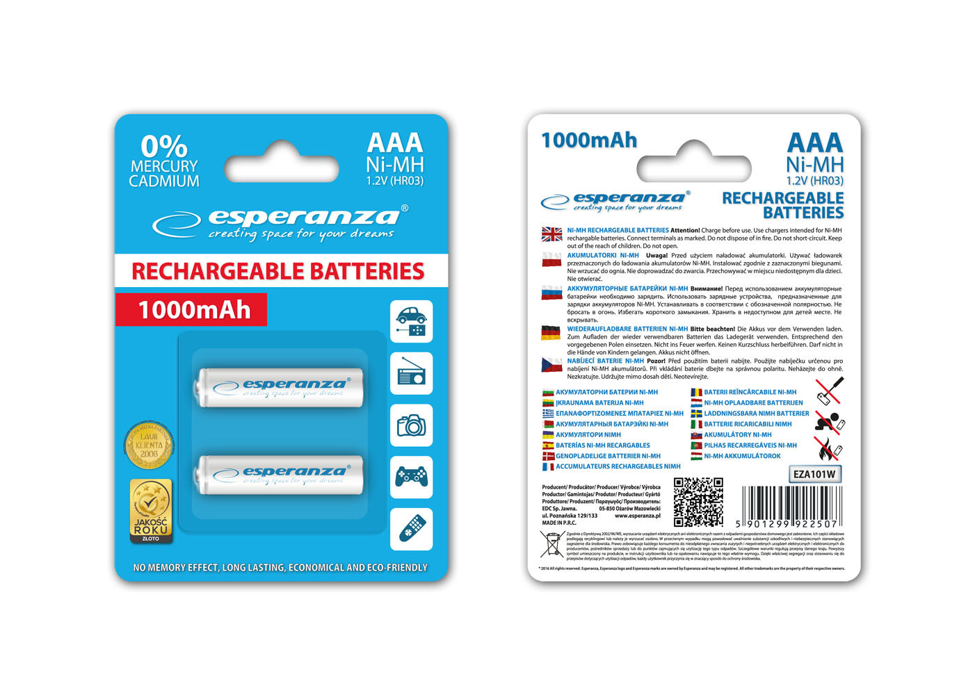 Esperanza EZA101W Esperanza Ni-MH AAA Rechargeable Batteries, 1000 mAh, 2-Pack, White – image 2