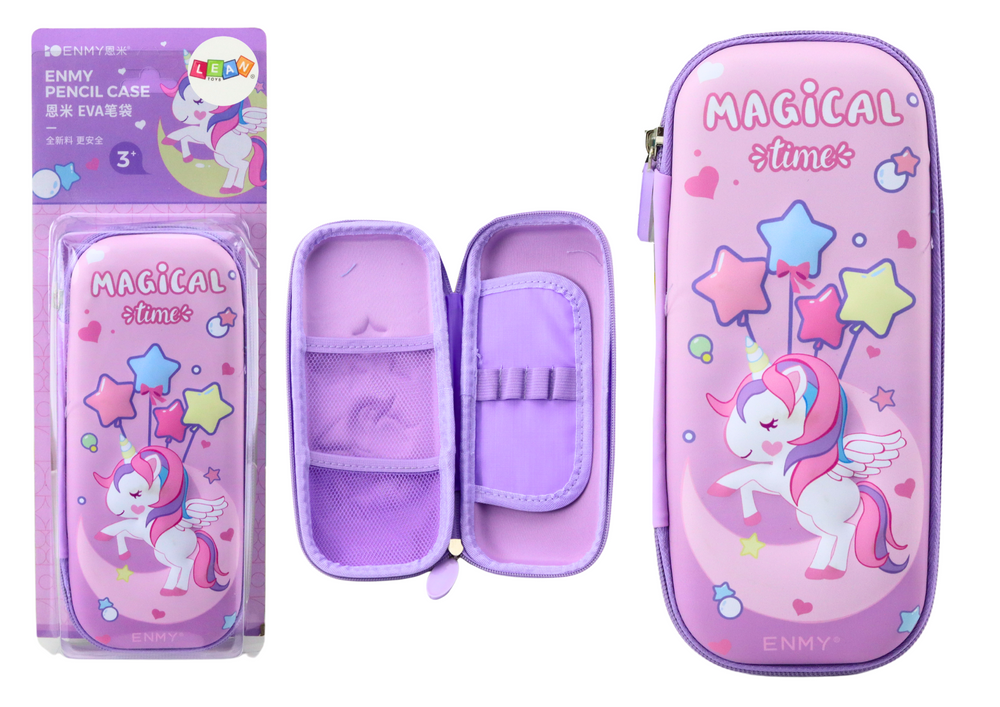 LEAN TOYS Pencil cases – 3D Unicorn Fold-Out Pencil Case, Purple, 23x10x5 cm