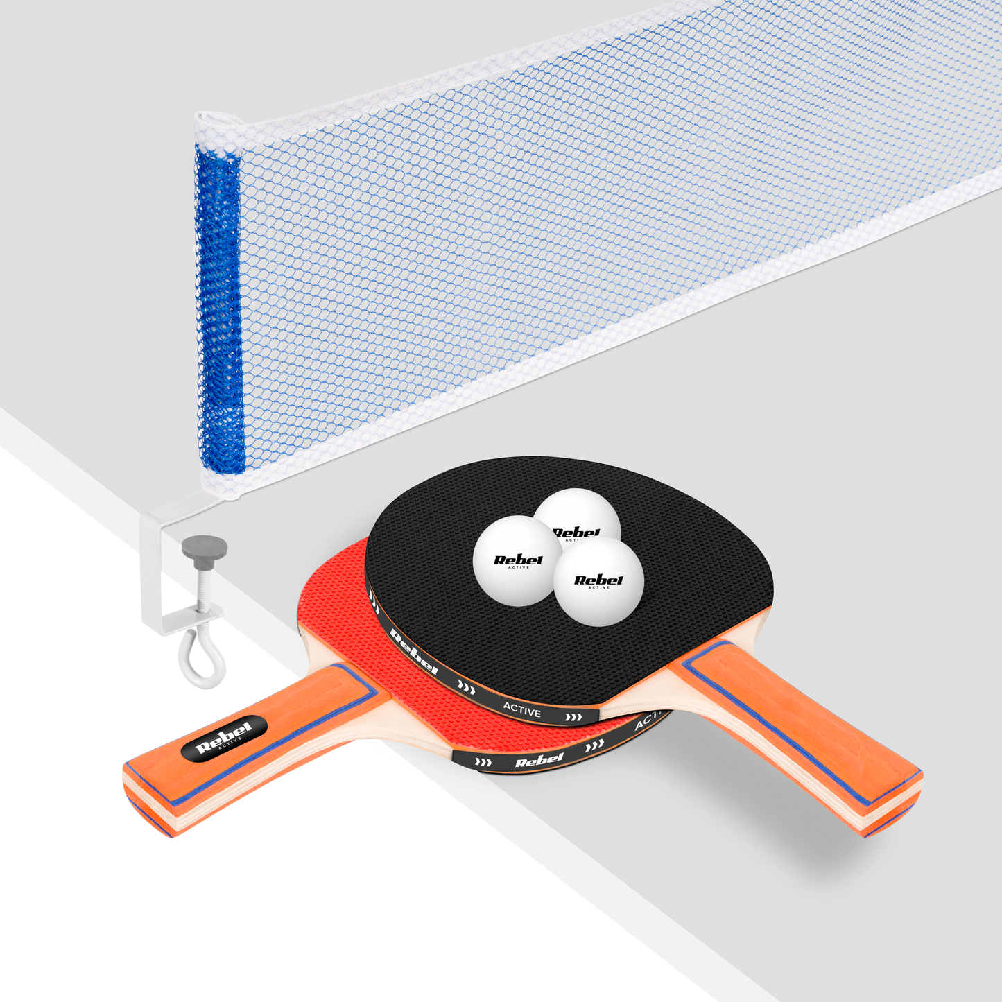 Rebel A set of table tennis rackets with a REBEL ACTIVE net