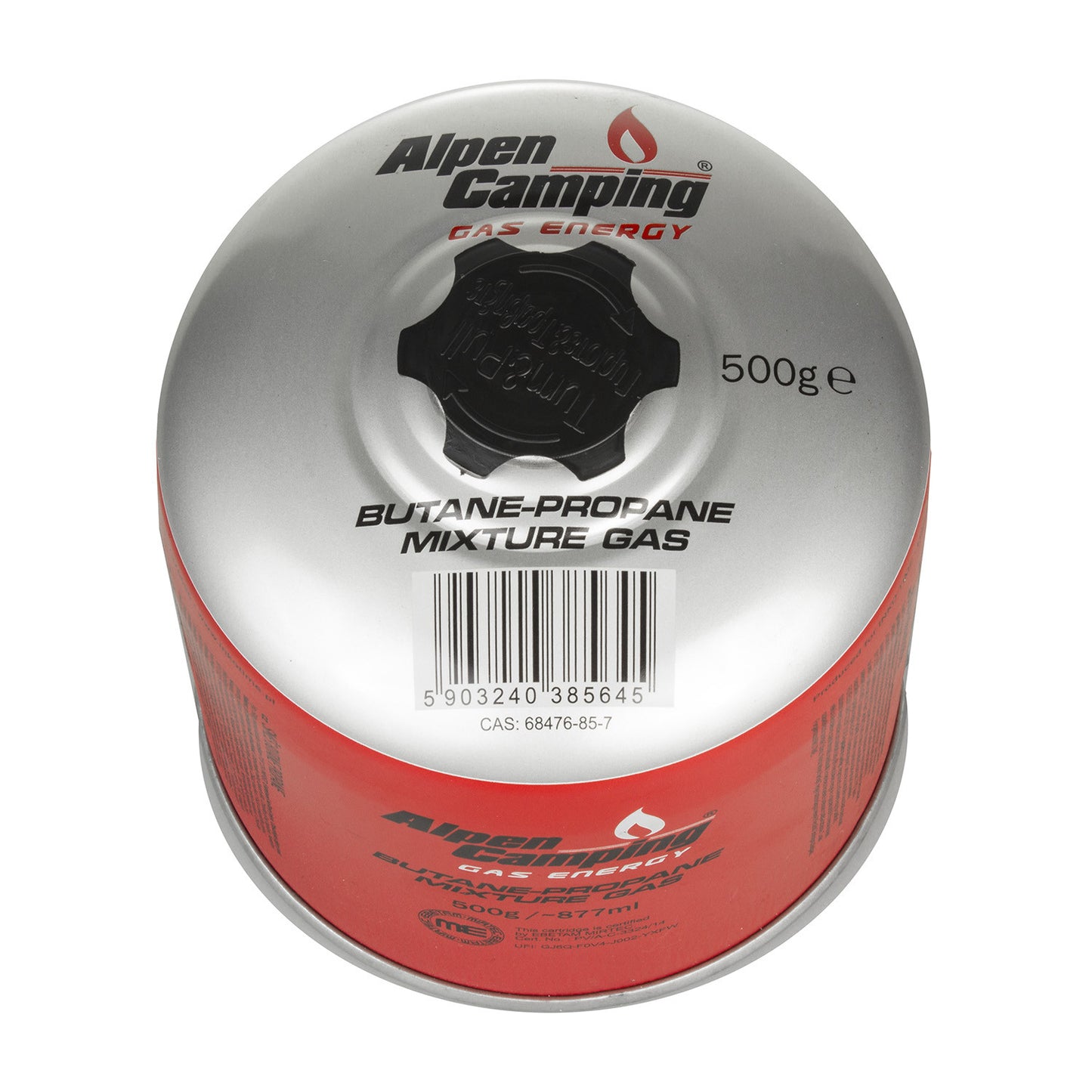 INKO-TIME 500g Alpen Camping gas cartridge. certificate: Pi 0437, compliant with EN417, propane-butane, range -10°C to + 40°C, threaded valve 7/