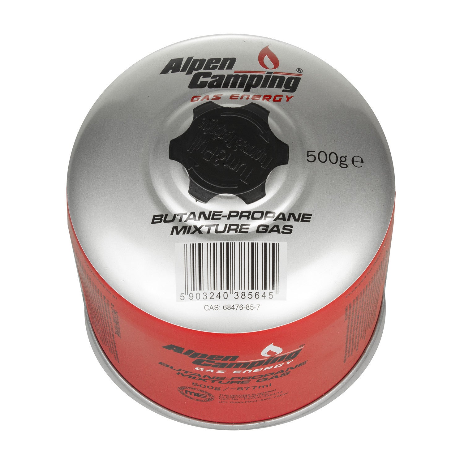 INKO-TIME 500g Alpen Camping gas cartridge. certificate: Pi 0437, compliant with EN417, propane-butane, range -10°C to + 40°C, threaded valve 7/