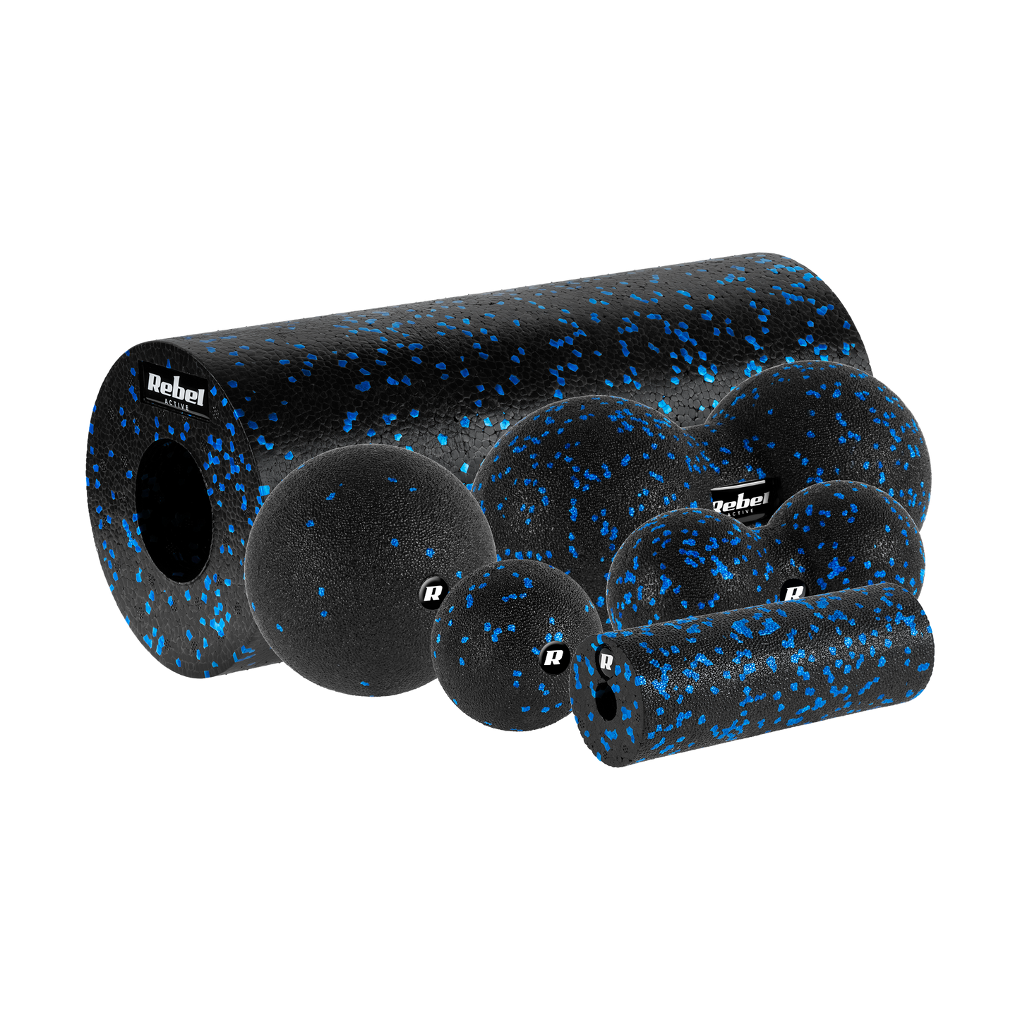 Rebel Massage roller set, mini roller, 2 balls, 2 Duoball-e, 6 pieces, black and blue, EPP material, REBEL ACTIVE
