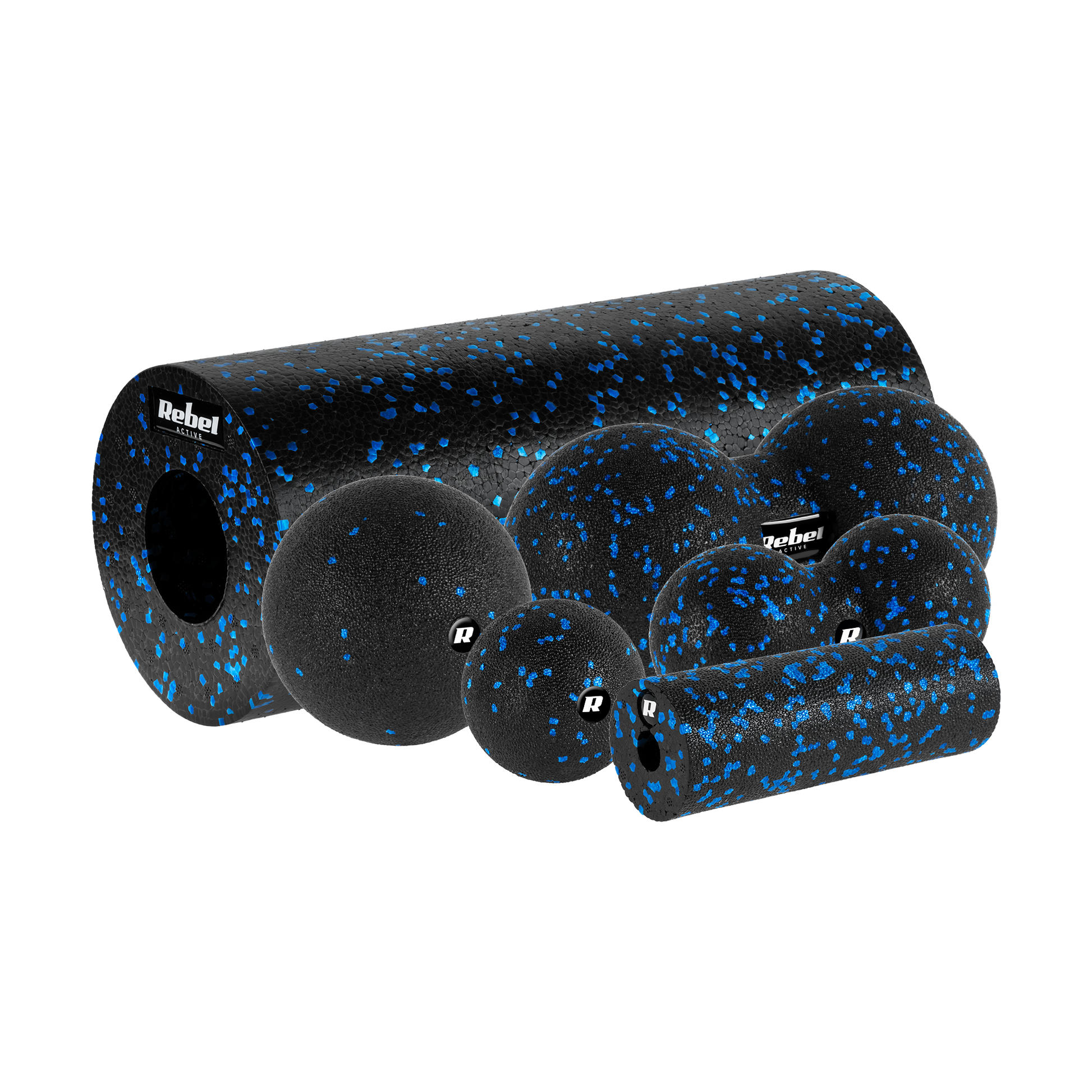 Rebel Massage roller set, mini roller, 2 balls, 2 Duoball-e, 6 pieces, black and blue, EPP material, REBEL ACTIVE