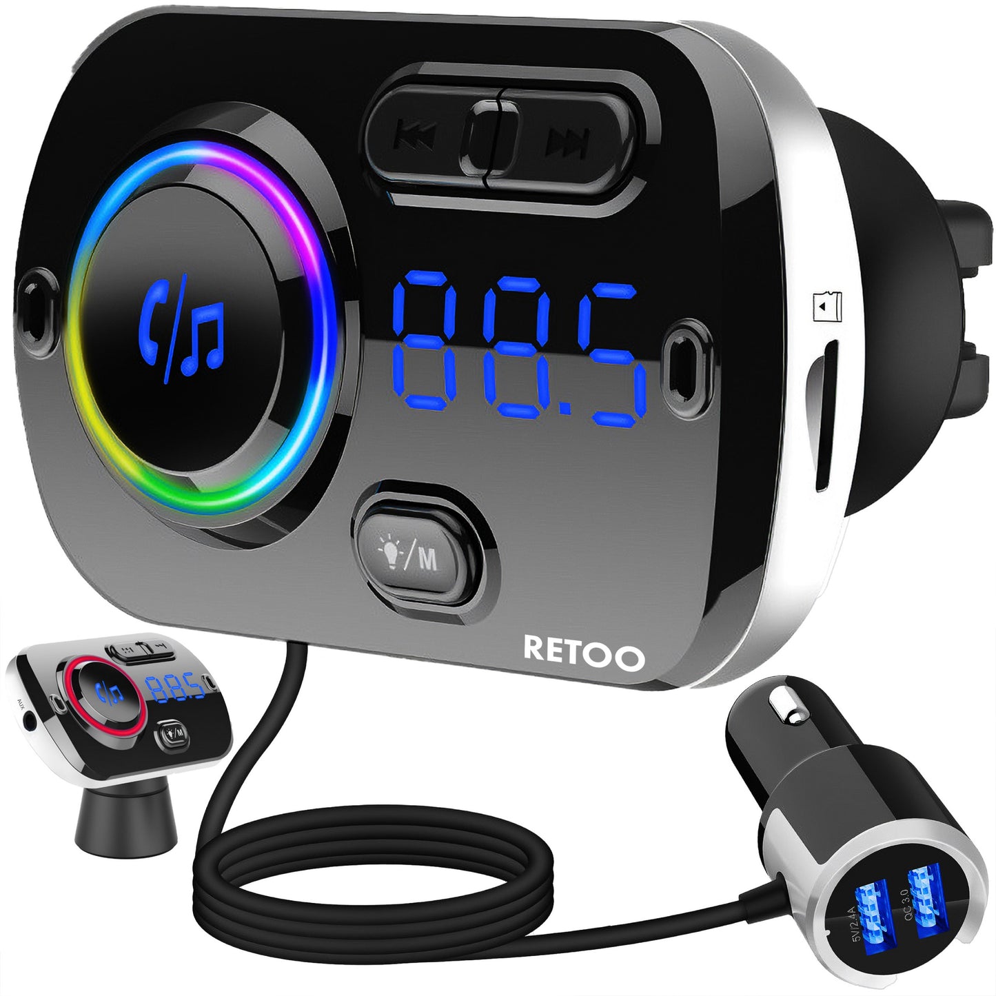 RTO Car Bluetooth FM Transmitter with 2x USB-C Fast Chargers, AUX, and Hands-Free Calling - E663 – image 2