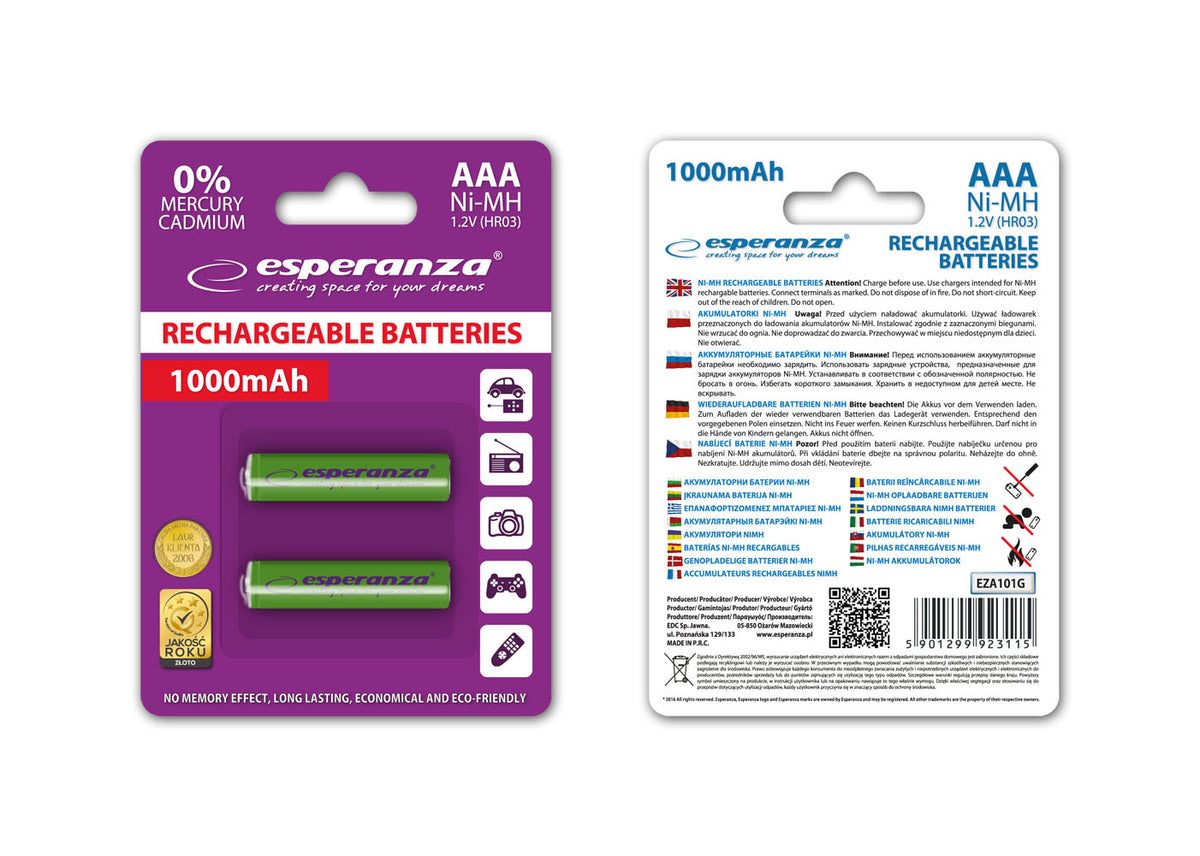 Esperanza EZA101G Esperanza Ni-MH AAA Rechargeable Batteries, 1000 mAh, 2-Pack, Green – image 2