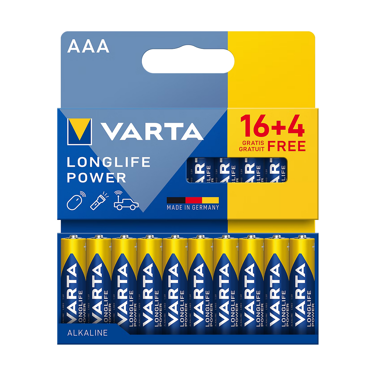Varta VARTA LR03 Longlife Power Alkaline Battery, 16+4 per blister pack.
