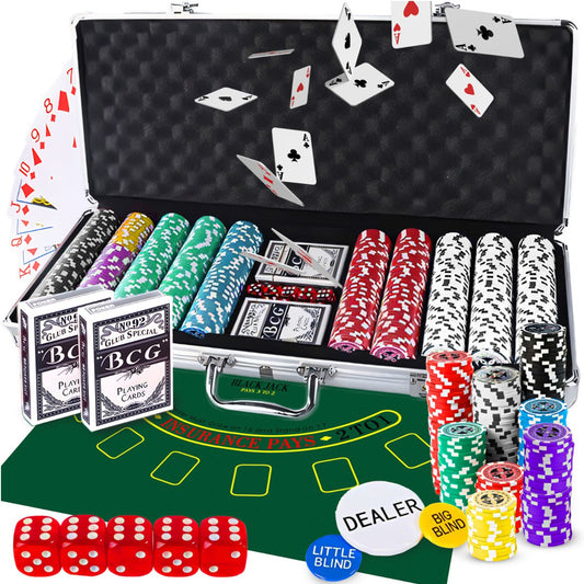 RTO 500-Chip Poker Set with Case, Texas Hold'em Cards, Dice, and Poker Chips - Large - dr294