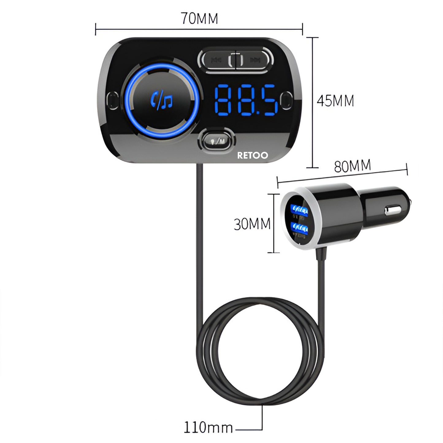 RTO Car Bluetooth FM Transmitter with 2x USB-C Fast Chargers, AUX, and Hands-Free Calling - E663 – image 4