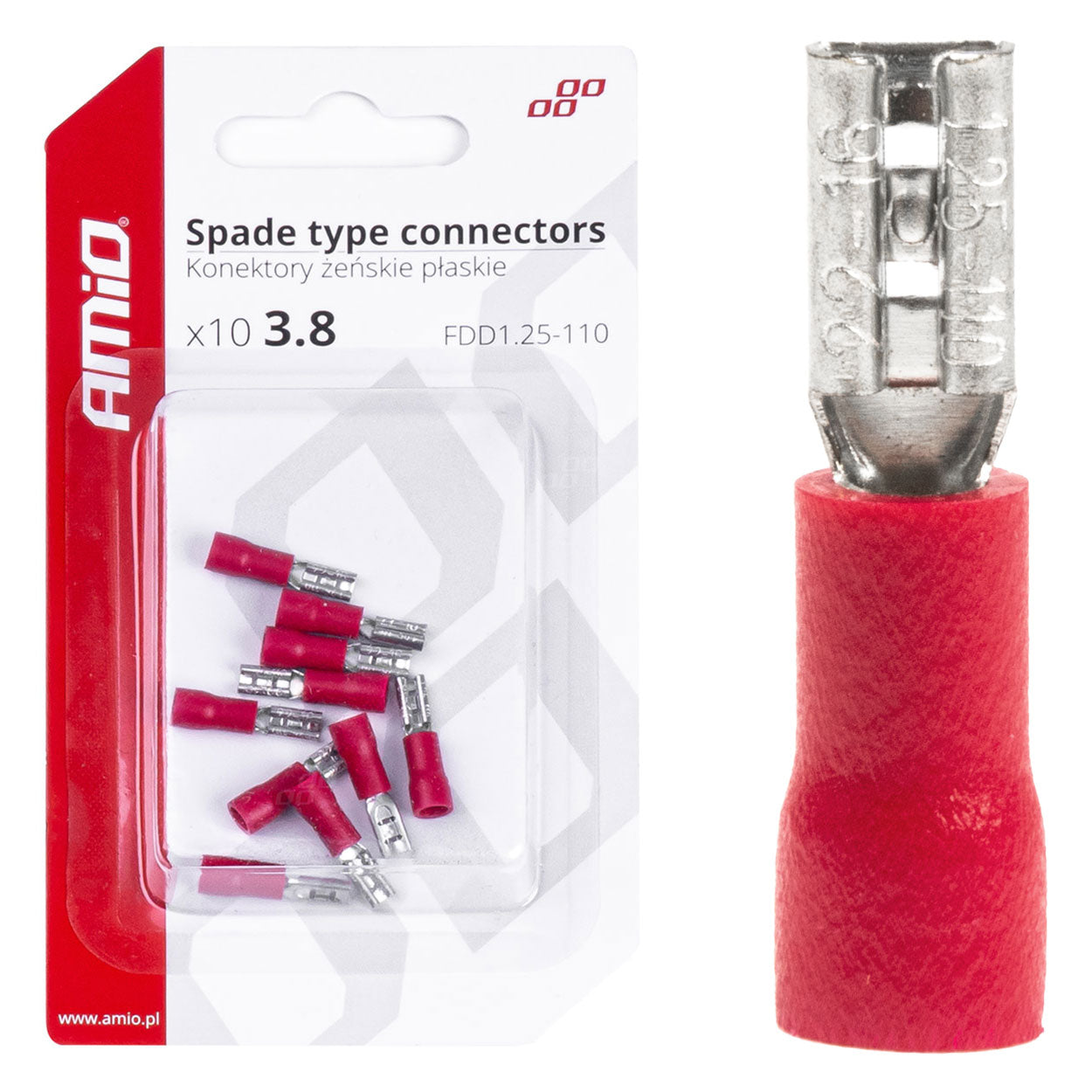 AMiO 3.8mm Flat Insulated Female Connectors, 0.5–1.5mm², 10A, 10 pcs. AMIO-03060