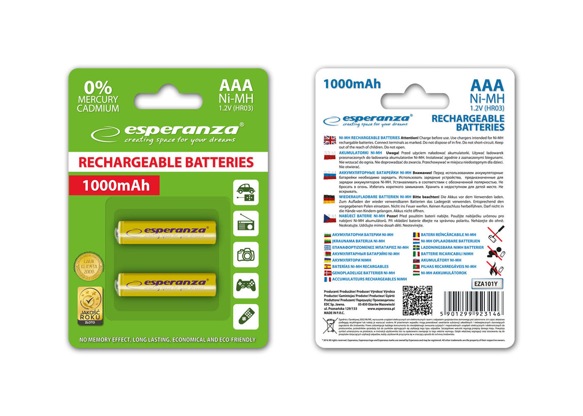 Esperanza EZA101Y Esperanza Ni-MH AAA Rechargeable Batteries, 1000 mAh, 2-Pack, Yellow – image 2