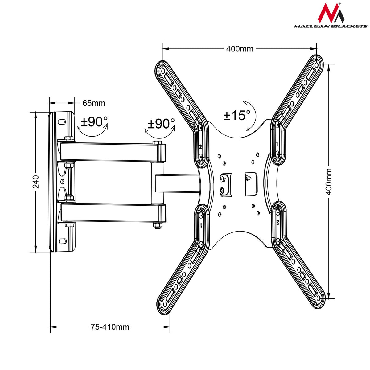 Maclean Maclean TV or Monitor Mount / Hanger, Universal, Max VESA 400x400, 13-60", 30 kg, Black, MC-759 – image 6