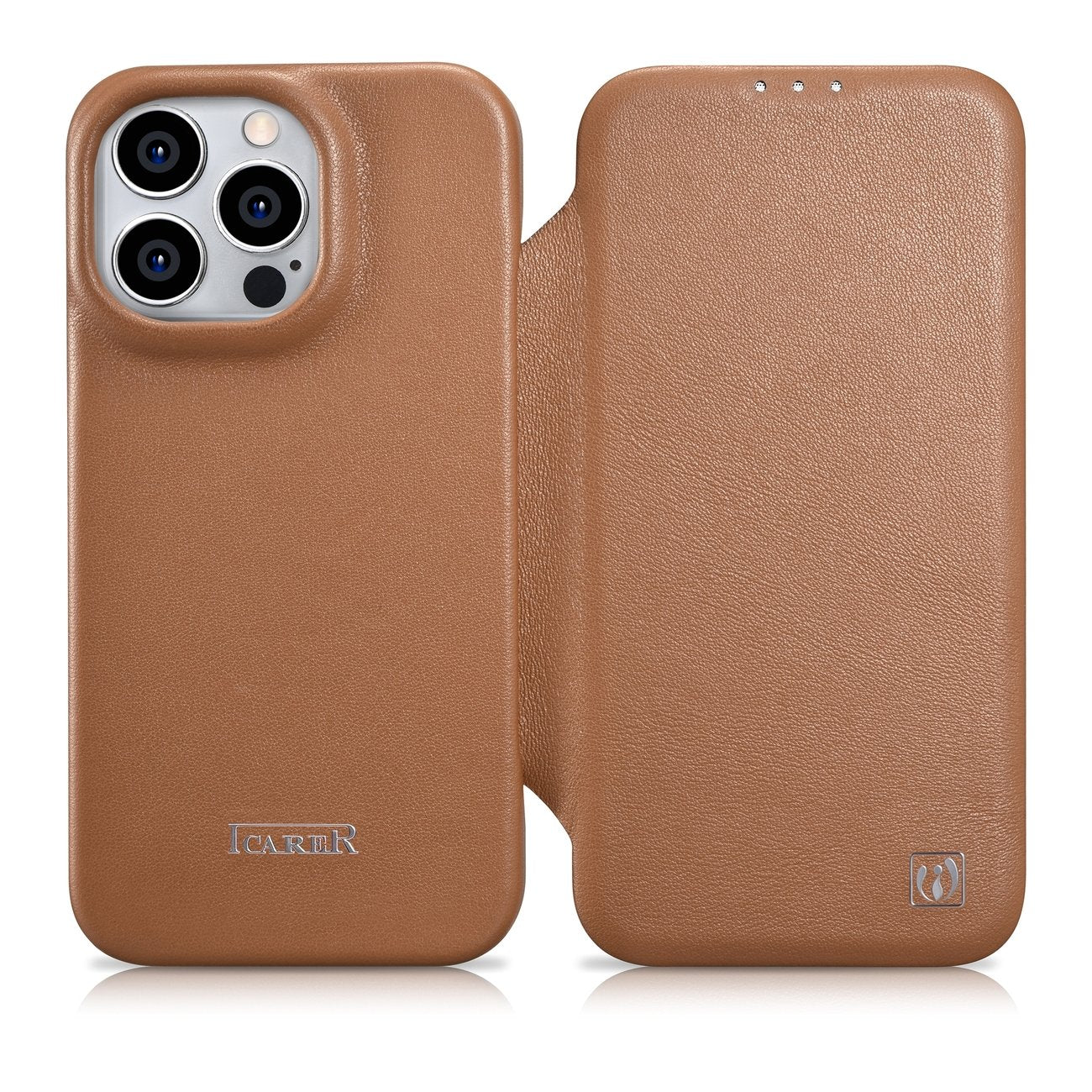 iPhone 14 Pro leather case with magnetic flap MagSafe CE Premium Leather light brown - Carlat