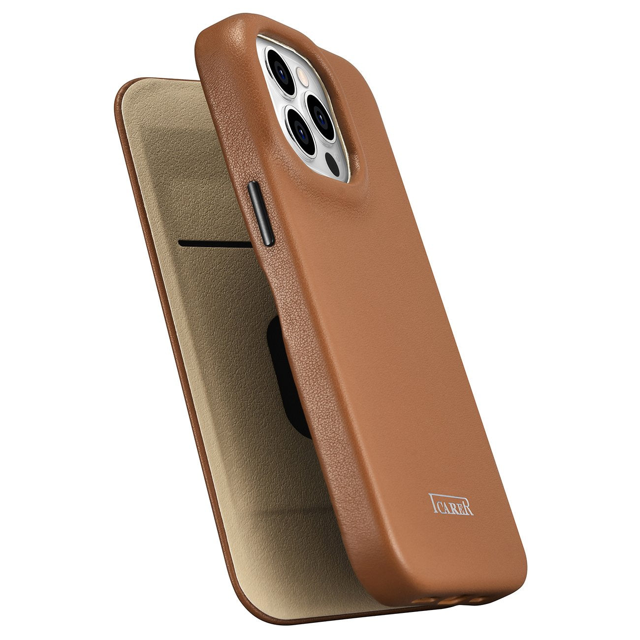 iPhone 14 Pro leather case with magnetic flap MagSafe CE Premium Leather light brown - Carlat