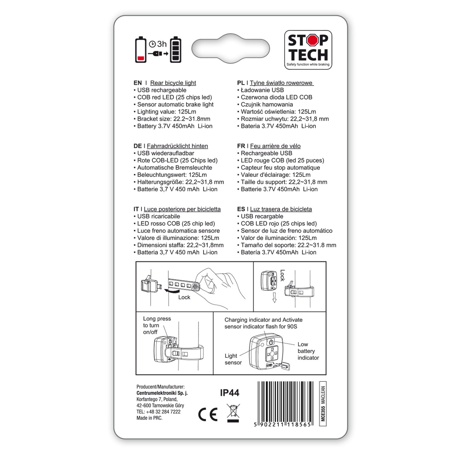 Maclean Maclean LED lamp, Bicycle rear lamp, Twilight sensor, USB AUTO STOP COB, Max.125lm, Acu 450mAh, MCE355 – image 6