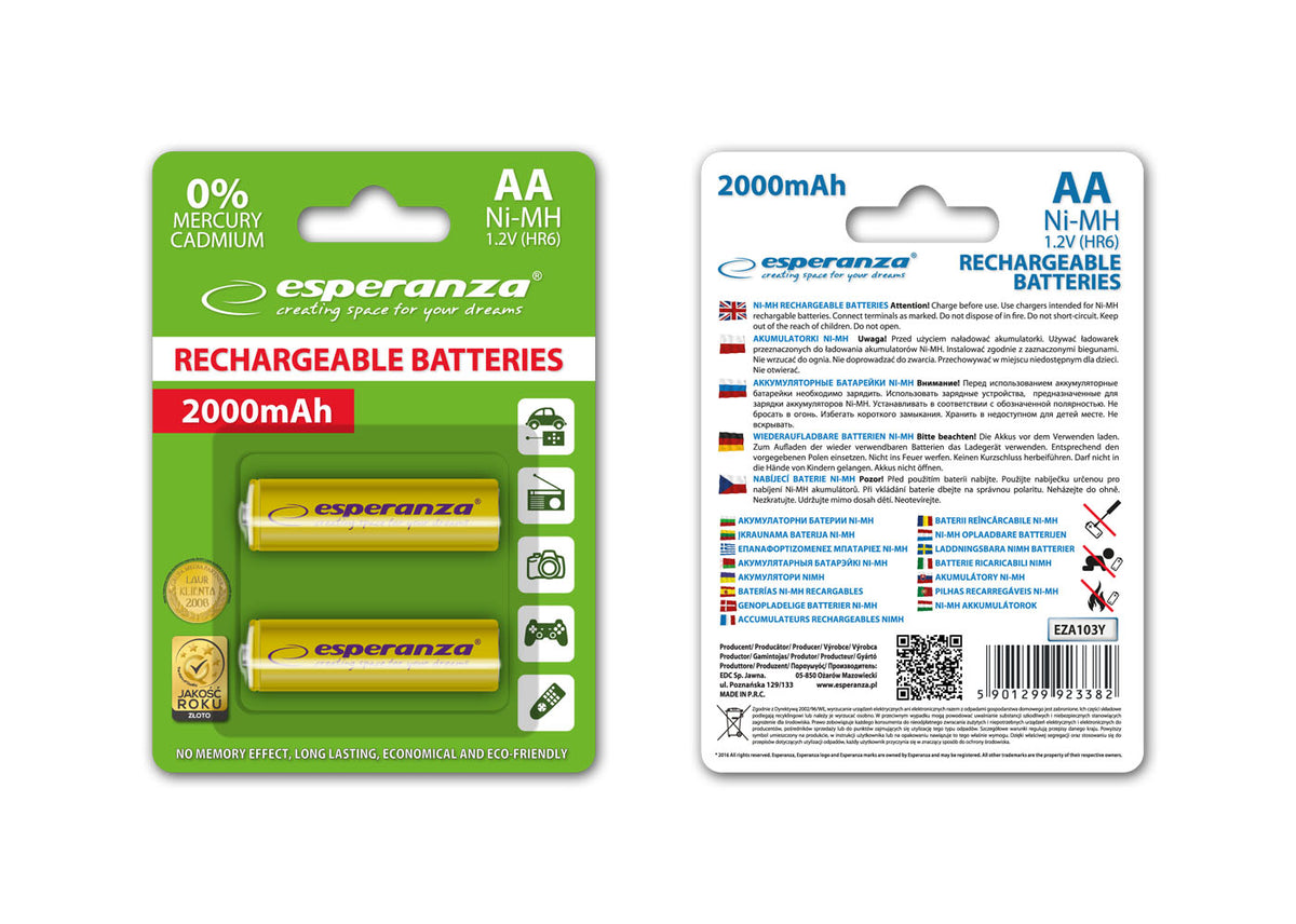 Esperanza EZA103Y Ni-MH AA Rechargeable Batteries, 2000 mAh, 2-Pack, Yellow, Esperanza – image 2