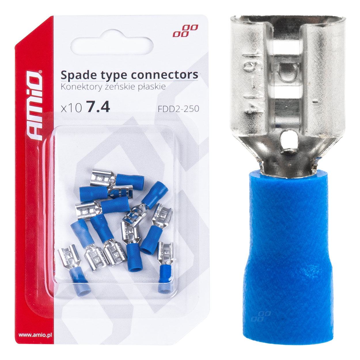 AMiO Insulated Female Flat Connectors, 7.4 mm, 1.5–2.5 mm², 15 A, 10 pcs. amio-03067