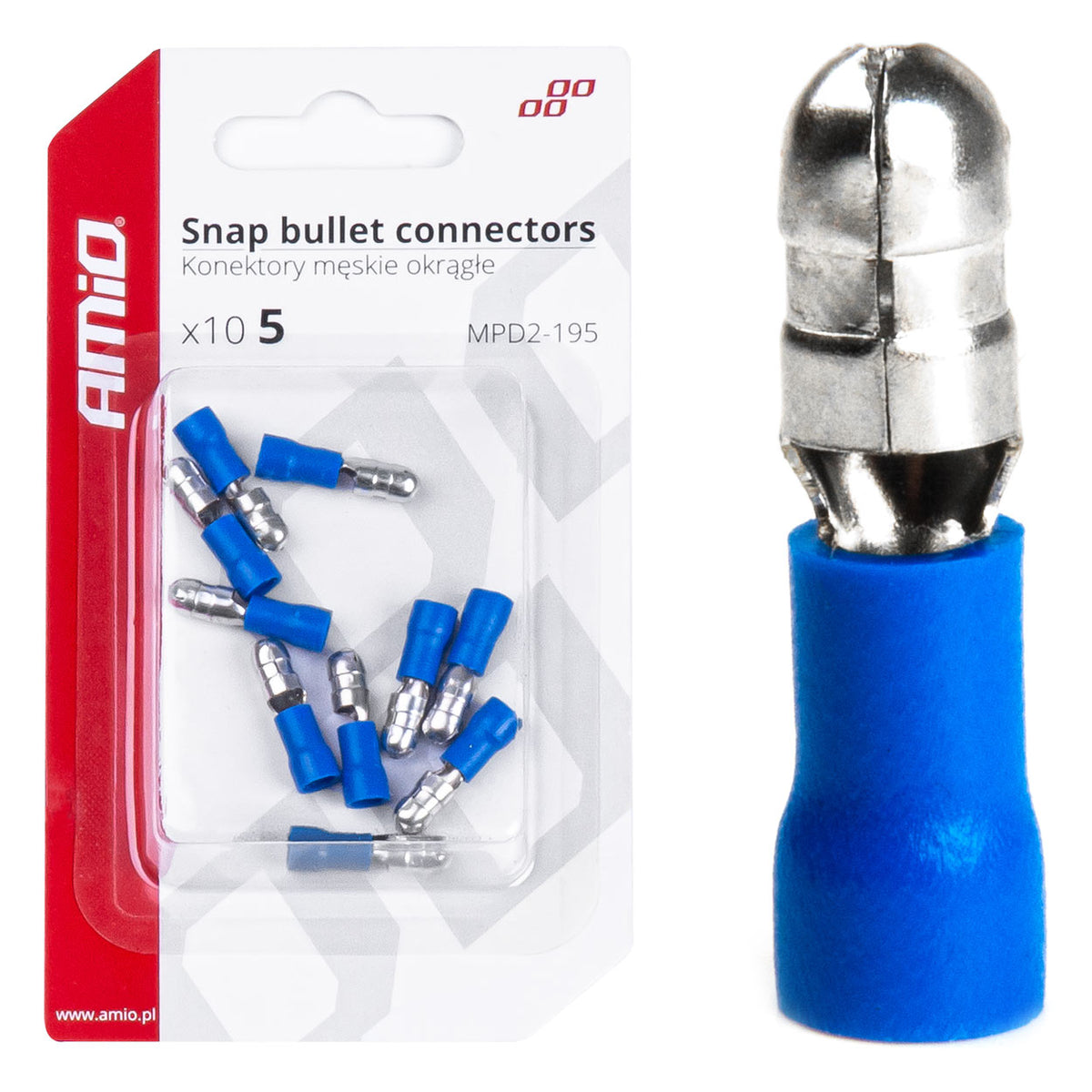 AMiO Insulated Male Cylindrical Round Connectors, 5 mm, 1.5–0.25 mm², 15 A, 10 pcs. AMIO-03074
