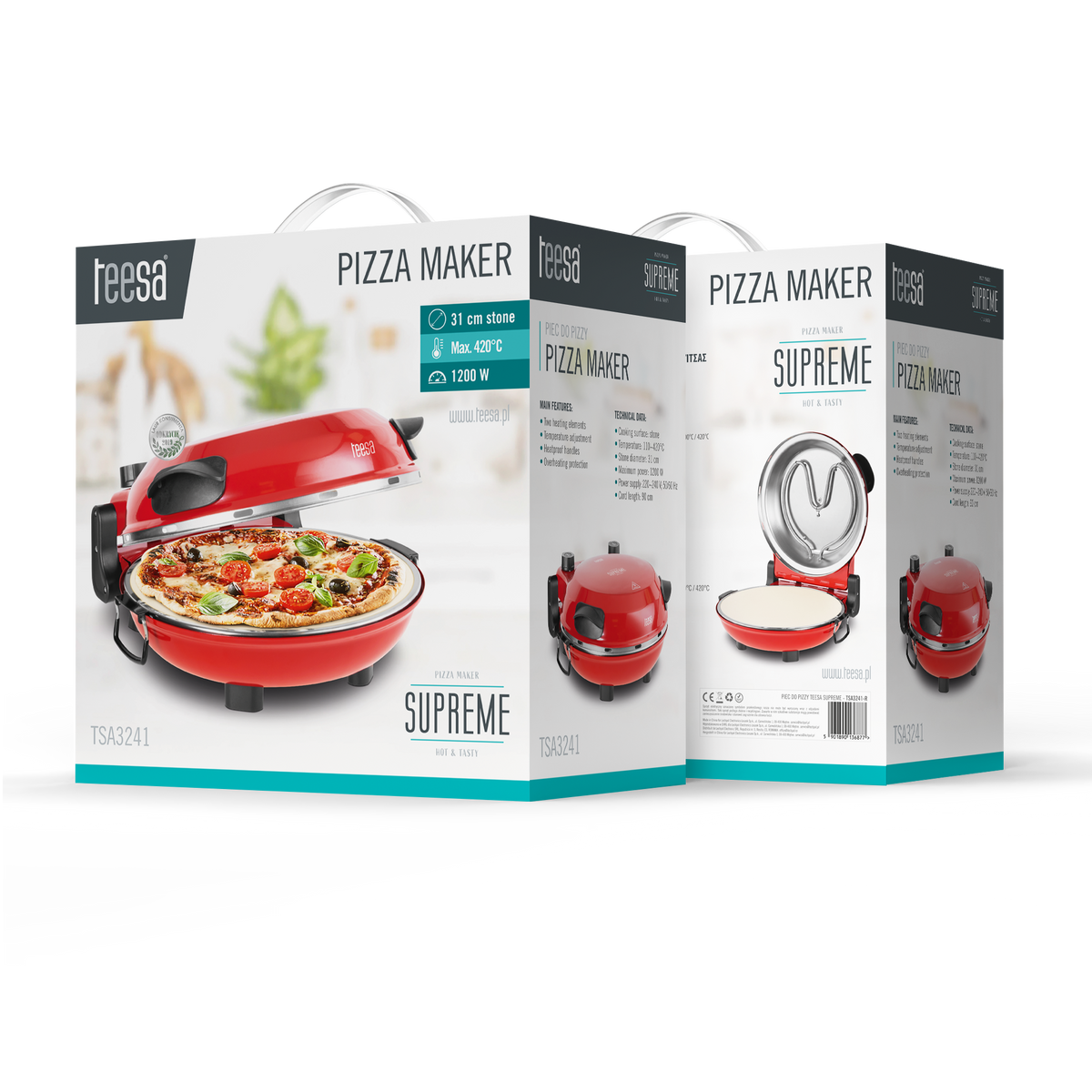 Teesa TEESA SUPREME FUN 1200W Pizza Oven, 420 degrees, two heating elements, red – image 6