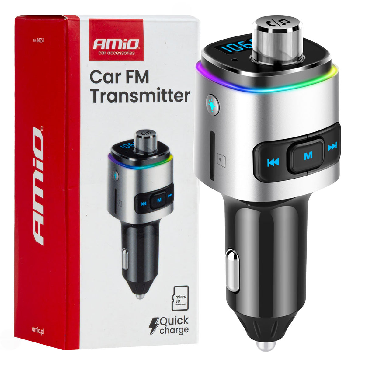 AMiO Transmitters – Car FM Transmitter with 2×USB-A, microSD, 12V/24V - AMIO-04654